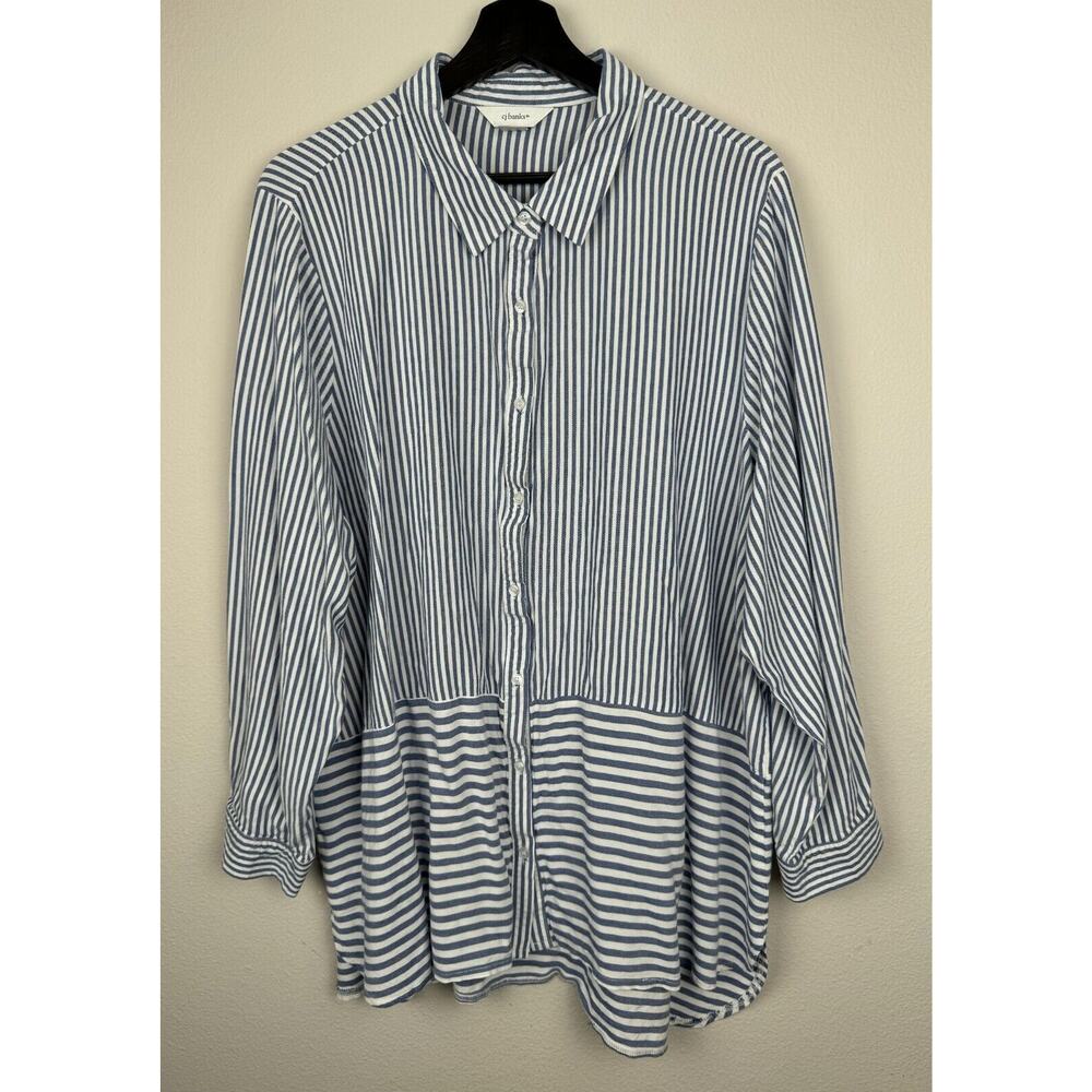 CJ Banks Top Womens Size 2X Blue White Long Sleeve Striped Button Career Work